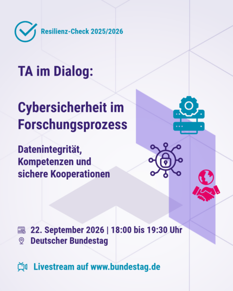 Grafik zur Veranstaltung „TA im Dialog: Cybersicherheit im Forschungsprozess“. Die Veranstaltung diskutiert Ergebnisse und Handlungsoptionen des TAB-Resilienz-Checks 2025/2026. Termin: 22. September 2026, 18:00 bis 19:30 Uhr im Deutschen Bundestag. Livestream auf bundestag.de. Rechts symbolisieren Icons die Themen Kompetenzen, Datenintegrität und sichere Kooperationen.